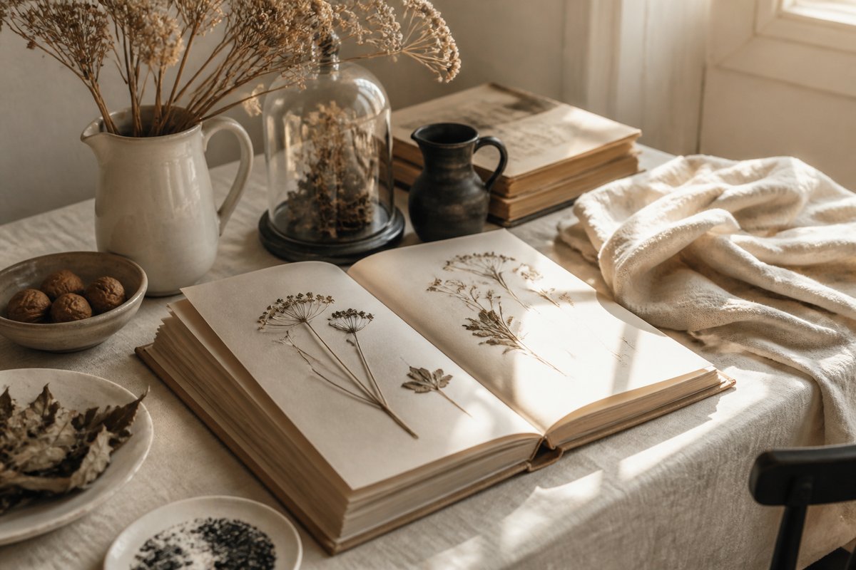 Parchment leaf list with a square botanical photo on the right, no full-bleed lifestyle wash