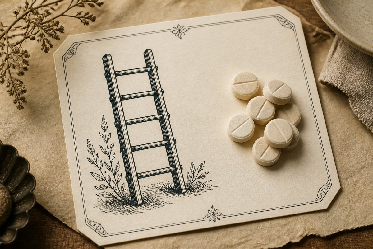 Steps marked 50 and 100 next to blue tablets