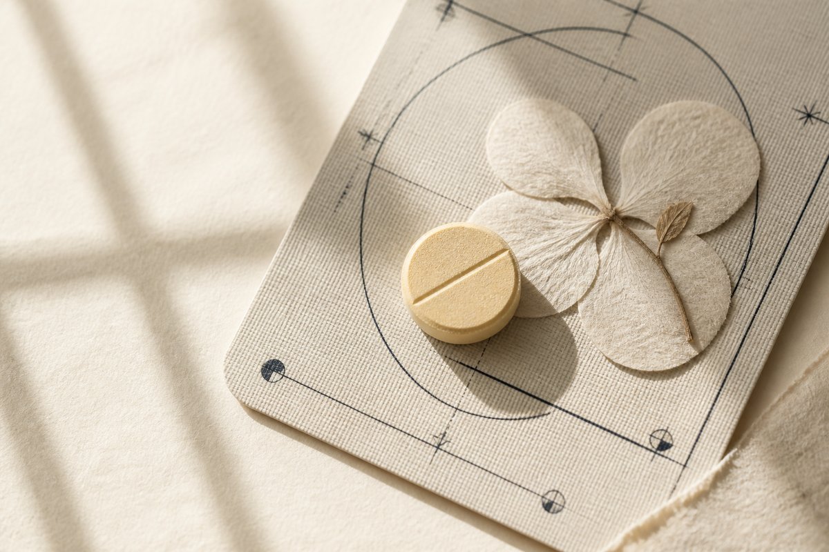 2.5 mg daily tadalafil beside a 10 mg PRN tablet on linen